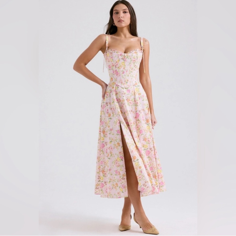 House Of CB Clarabelle pink meadow print cotton midi sundress Small Bustier